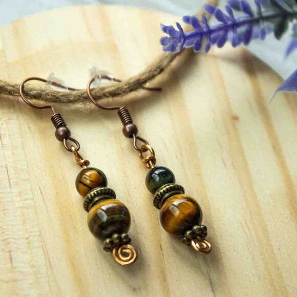 Tiger’s Eye Drop Earrings with Bronze and Copper Accents - Picture 1 of 11